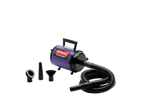 Purple MetroVac Air Force® Commander® 2 Speed Pet Dryer with hose and nozzle set for pet grooming and drying.