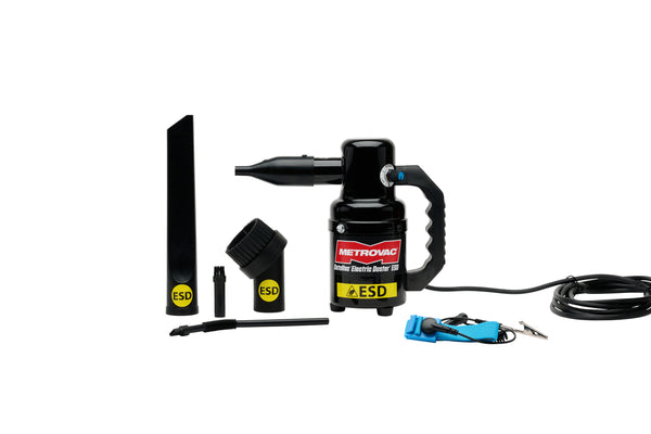 DATAVAC® ESD SAFE ELECTRIC DUSTER® with full accessory kit including ESD-safe nozzles, brushes, and anti-static wrist strap.