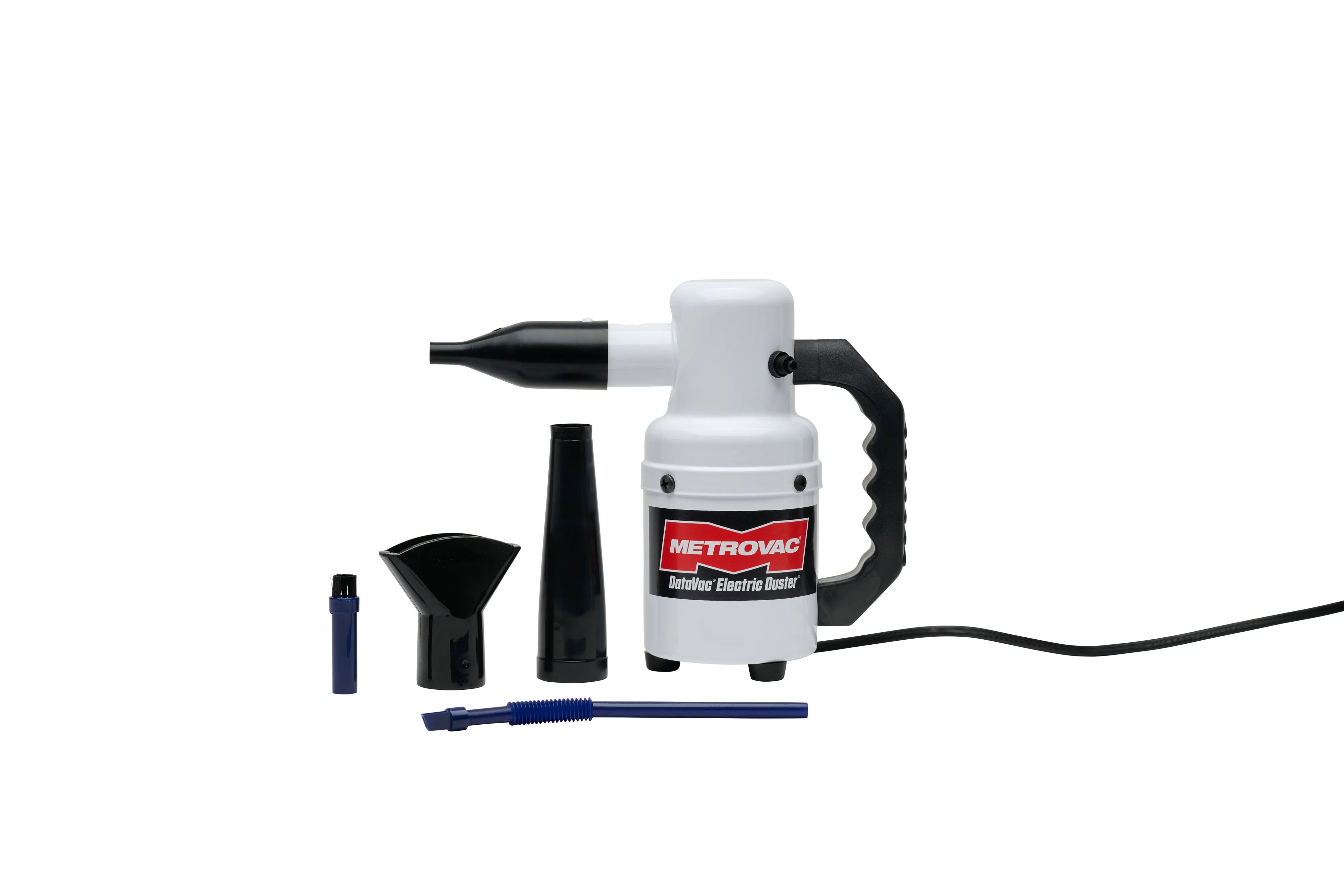The DATAVAC® ELECTRIC DUSTER® by MetroVac is shown standing upright with a coiled power cord and five interchangeable nozzle attachments, including a concentrator and brush tool, laid out in front on a white background.