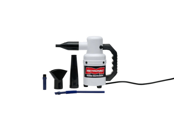The DATAVAC® ELECTRIC DUSTER® by MetroVac is shown standing upright with a coiled power cord and five interchangeable nozzle attachments, including a concentrator and brush tool, laid out in front on a white background.