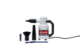 The DATAVAC® ELECTRIC DUSTER® by MetroVac is shown standing upright with a coiled power cord and five interchangeable nozzle attachments, including a concentrator and brush tool, laid out in front on a white background.