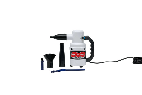MetroVac's DATAVAC® ELECTRIC DUSTER® is displayed with a set of five nozzle attachments on a clean white surface, highlighting the product's compact, handheld design and red-and-white logo label.