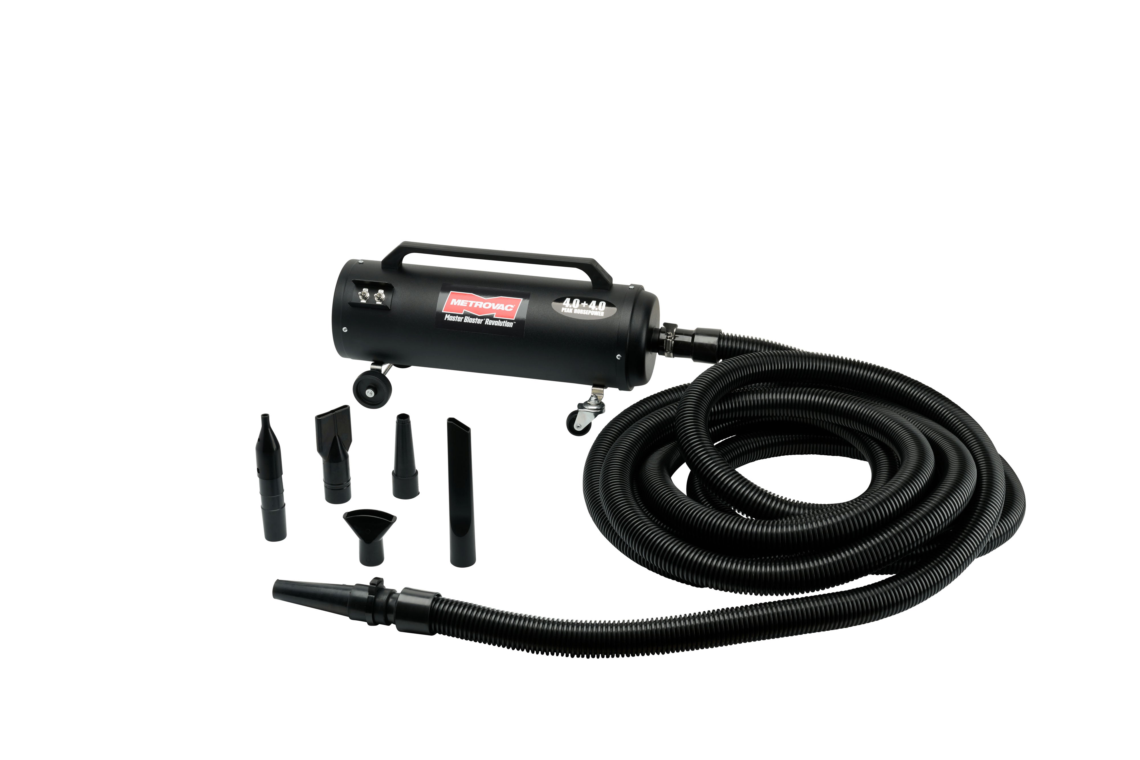 MetroVac Master Blaster Car Dryer with hose and multiple nozzles on white background – top-rated car air dryer for detailing and drying.
